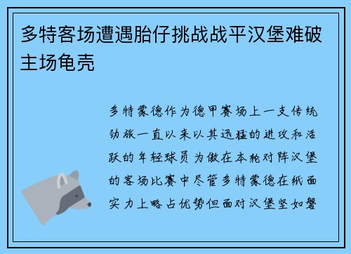 多特客场遭遇胎仔挑战战平汉堡难破主场龟壳
